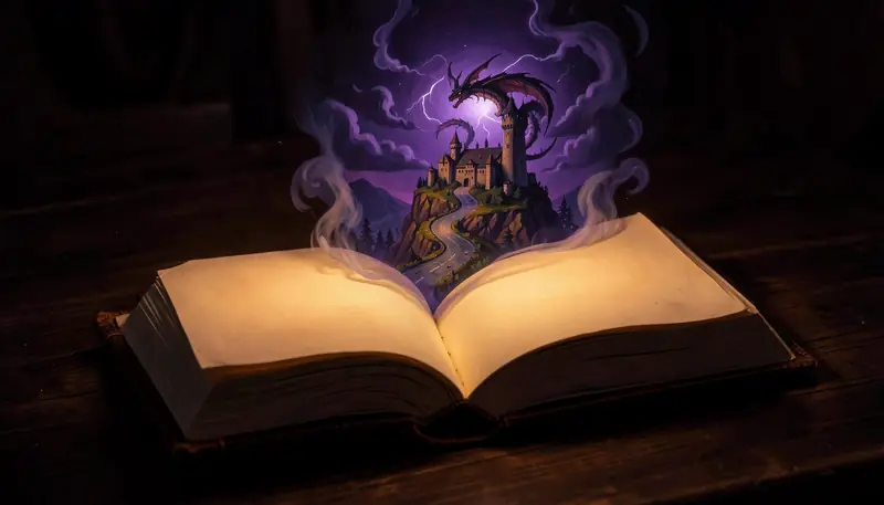 A castle and a dragon rising out of an open book in violet smoke.