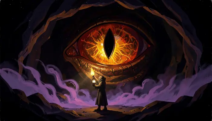 A hooded adventurer with a lantern before a vast amber dragon eye.