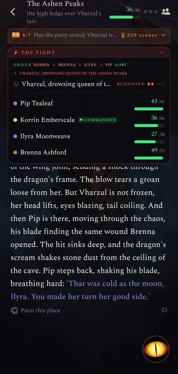 The fight board: turn order and every hero's hit points.