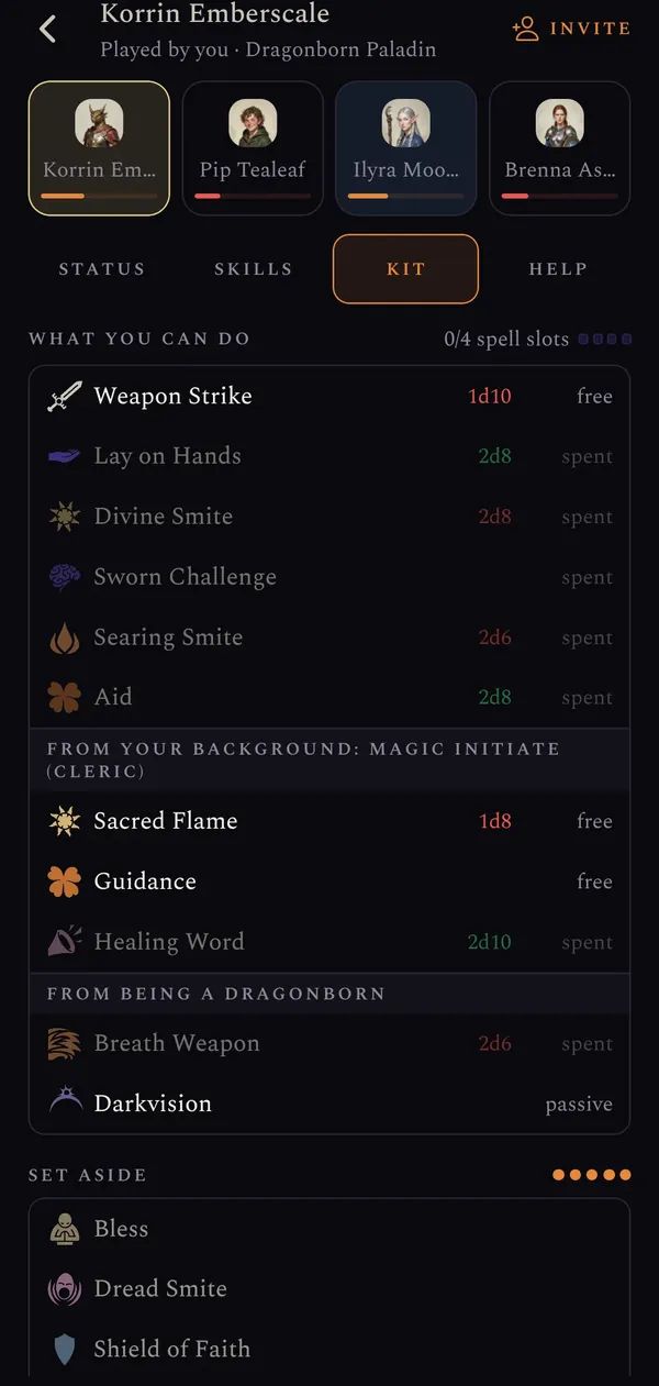 A paladin's moves and spell slots.
