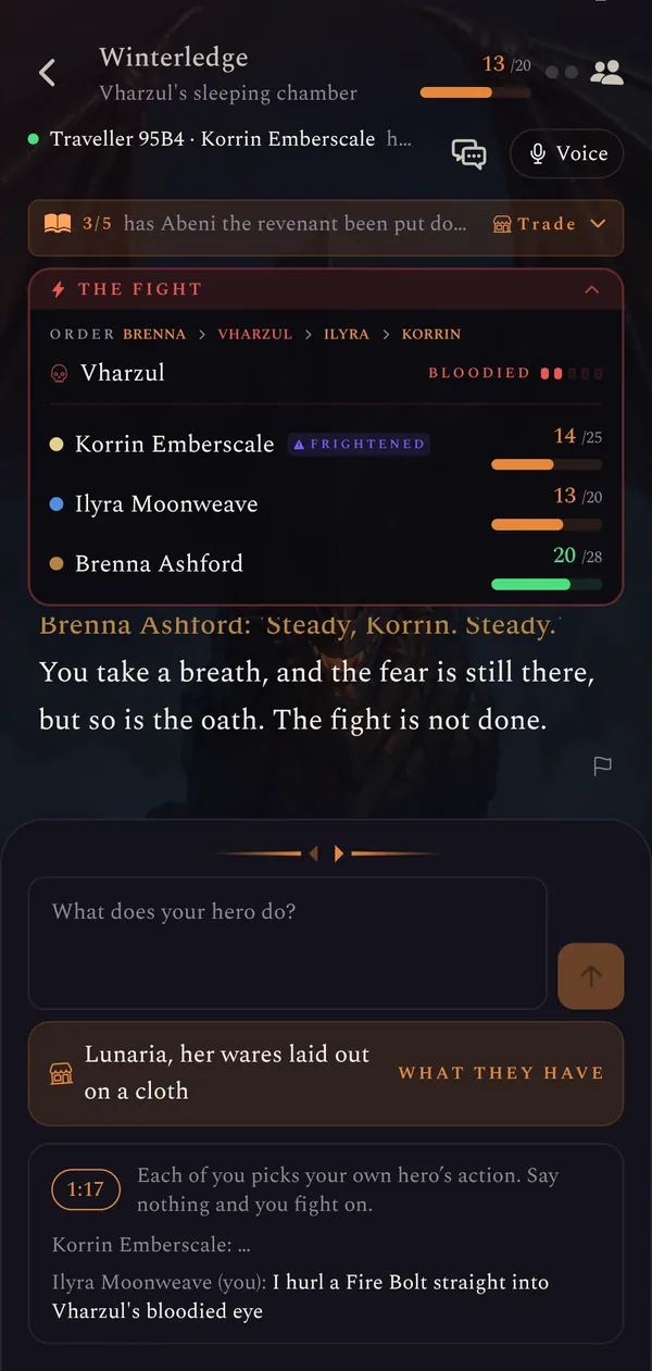 A round at a table of two, seen by the friend playing Ilyra: the fight against the dragon Vharzul, the host Korrin Emberscale shown as here, the chat and Voice buttons, a 1:17 round clock, and Ilyra's move typed in: a Fire Bolt straight into Vharzul's bloodied eye.