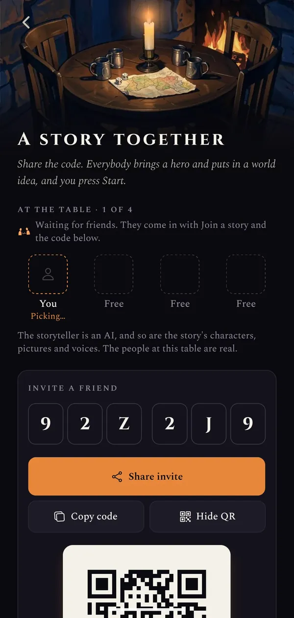 A table for friends with an invite code.