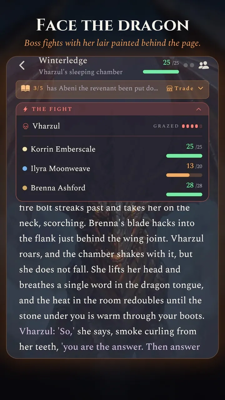 Face the dragon. The fight board against Vharzul, with Korrin, Ilyra and Brenna's hit points, over the story of the exchange and her lair painted behind the page.