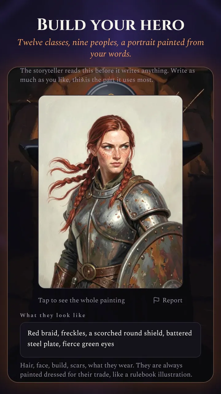 Build your hero. Brenna's portrait, a red-braided fighter in battered plate, painted from the words typed under it.