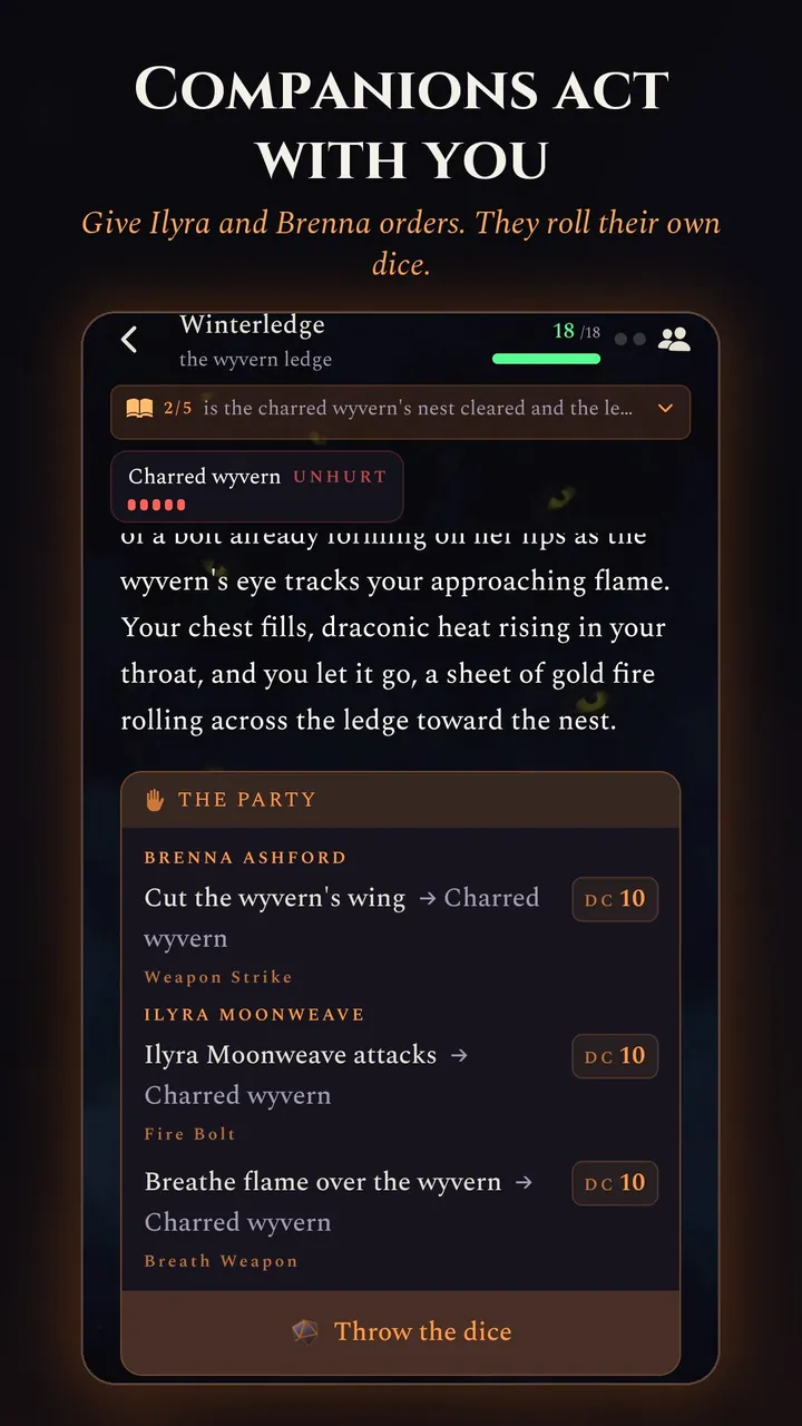 Companions act with you. The party card: Brenna cuts at a wyvern's wing and Ilyra attacks, each against its own difficulty, and a Throw the dice button.