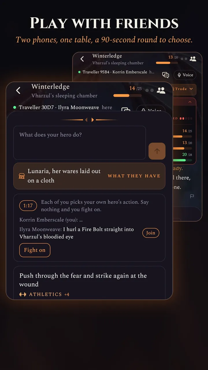 Play with friends. Two phones at one table in the same fight, each with the 90-second round and the other player's move.